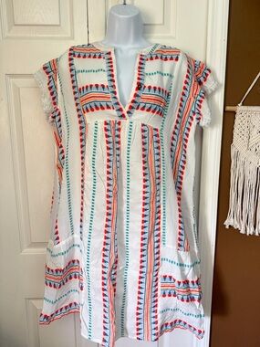 Grace + Karma White Boho Aztec Tunic Dress with Embroidery / Size L